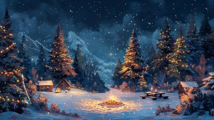 Enchanting winter wonderland with snow-covered trees and sparkling lights during sunset - obrazy, fototapety, plakaty