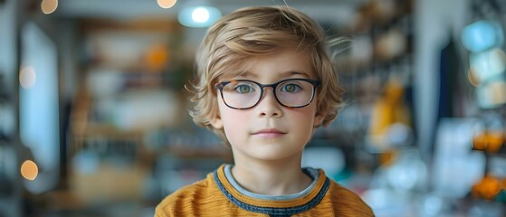 Boy in glasses at optical store near showcase helping visually impaired children. Concept Optical Store, Eyeglasses, Children, Visual Impairment, Community Service