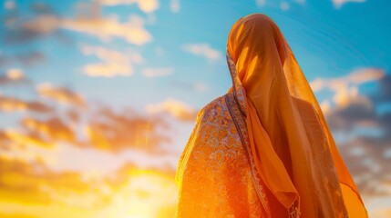 A beautiful muslim female dressed in traditional clothing ,under the bright sunshine and blue sky.
