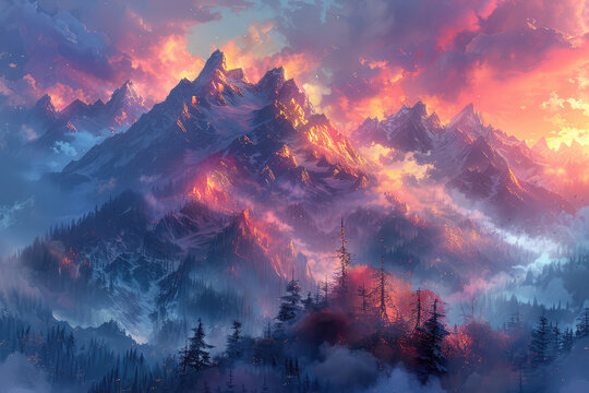 Concept art of mountains, fantasy landscape, purple and pink sky, dawn, clouds. Created with Ai