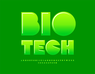 Vector eco template Bio Tech. Glossy Green Font. Exclusive trendy Alphabet Letters and Numbers set.