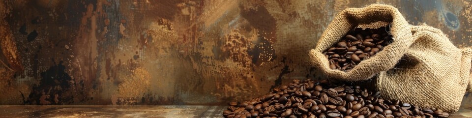 burlap sack overflowing with rich, aromatic roasted coffee beans against a rustic, weathered backdrop