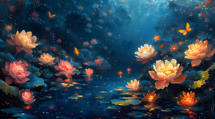 Fototapeta na wymiar Bioluminescent Symphony: Flowers and Butterflies Dance in Underwater Splendor