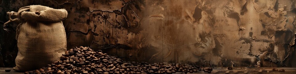 burlap sack overflowing with rich, aromatic roasted coffee beans against a rustic, weathered backdrop - obrazy, fototapety, plakaty