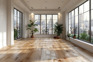 Sunny loft in an empty room with large windows and a wooden floor, New York city in the background. Created with Ai