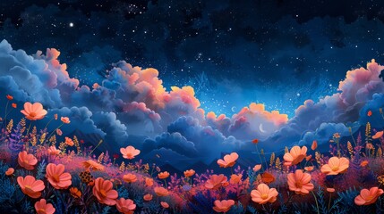 Dreamy celestial night landscape with vibrant flowers and starry sky