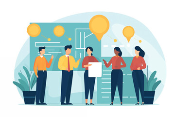 Business graphic vector modern style illustration of business people meeting discuss ideas brainstorm together cogs of workplace working together and collaborate to solve problems unity charts