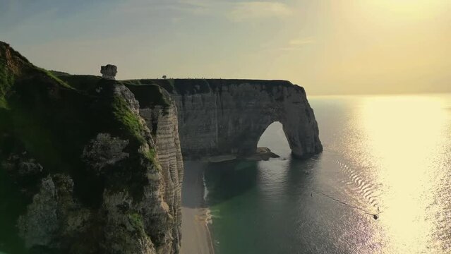 Aerial view of the Etretat, France chalk cliffs during a sunny day