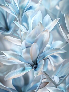 3D abstract flowers with a light blue and white color palette in soft lighting A high resolution closeup shot of delicate petals with intricate details against a floral background in an elegant compos