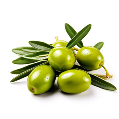Green olives with leaves on white