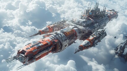 Futuristic space station floating above the clouds, showcasing advanced technology and vast skies