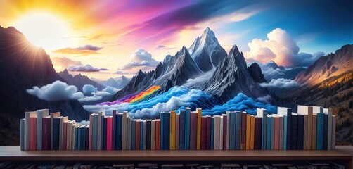 Standing and open books and literature that promote creativity, inspiration and fantasy in front of a creative and colorful conceptual landscape - obrazy, fototapety, plakaty