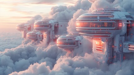 Futuristic space station floating above the clouds, showcasing advanced technology and vast skies - obrazy, fototapety, plakaty