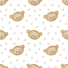 Nursery seamless Patterns with cute Teddy Bear. Watercolor background with characters for baby. Backdrop with happy heads of animals in pastel colors for wallpaper or childish textile design.