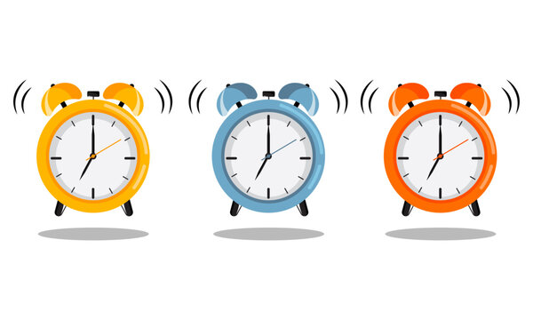 set of three alarm clocks in different colors isolated on white background, flat style clock vector illustration.
