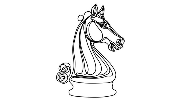 chess knight horse continuous line drawing on white background. Line art animation