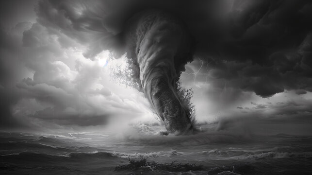 Paisaje en blanco y negro de un tornado 