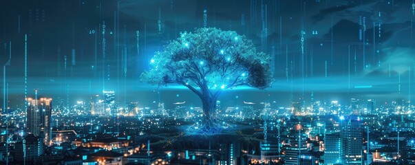 A solitary tree glowing with digital light stands out against a background of a high-tech city at night, symbolizing coexistence of nature and technology.