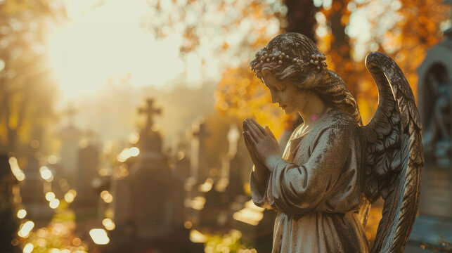 Praying angel statue, sunny graveyard in background, autumn cementery, golden hour
