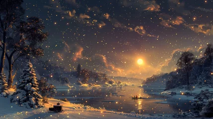 Fotobehang Enchanted winter night with magical sleigh ride under a glowing moon © Yusif