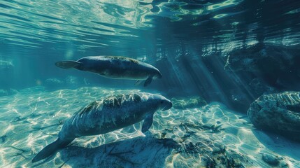 A family of gentle manatees gliding gracefully through the crystal-clear waters  - obrazy, fototapety, plakaty