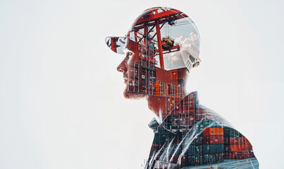 Double exposure portrait, merging a handsome engineer man with iconic structures transportation industry