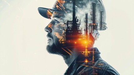 Double exposure portrait, merging a handsome engineer man with iconic structures Oil industry