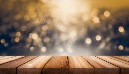 Empty wooden table. Mock up for product display. Blurred bokeh on background.