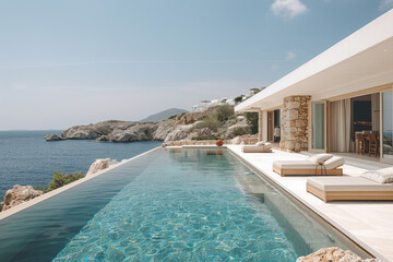  A luxurious modern villa with infinity pool overlooks the sea on Mykonos island in Greece. The cozy living room features a neutral interior design with beige and white colors and stone walls.  - obrazy, fototapety, plakaty