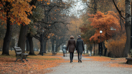A couple walking in a park, dressed in autumn clothes, walking separately and not interacting
