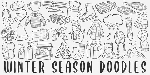 Winter Doodle Icons Black and White Line Art. Season Clipart Hand Drawn Symbol Design.