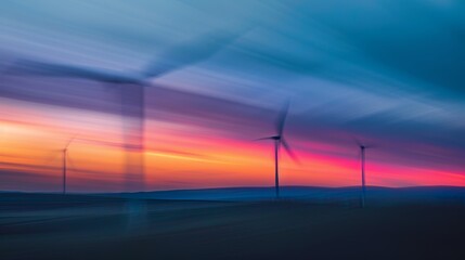 Wind Turbines Silhouetted Against Sunset Sky