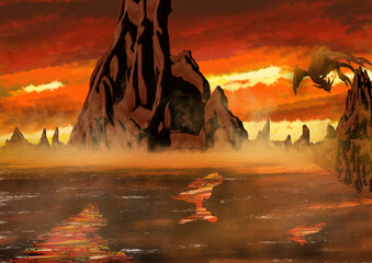Hell landscape with dragon, dragon's lair, digital painting - obrazy, fototapety, plakaty