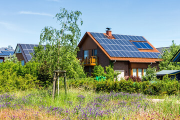Solar Power Plant with Houses: 4K Image Bathed in Sunlight