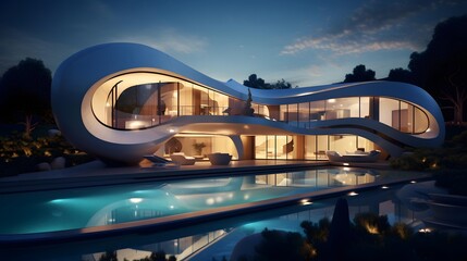 Modern architecture at night. Panoramic view of modern architecture.
