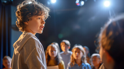 shot of children practicing their lines in a school theater