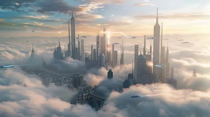 Fotobehang A futuristic floating cityscape hovering above the clouds, its shimmering towers and sleek skybridges stretching towards the heavens.  © Amer
