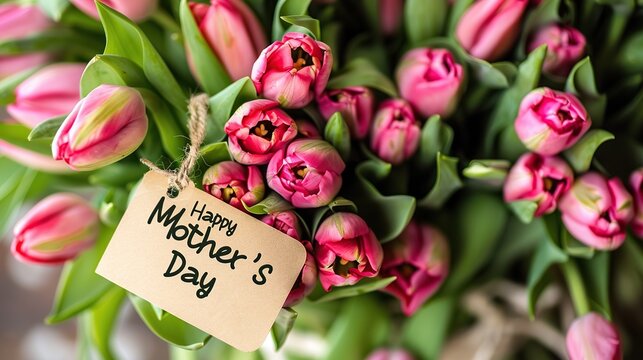 This image shows a bouquet of pink and purple flowers with a tag that says 'Happy Mother's Day'.

