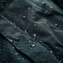 Detailed view of a waterproof jacket with raindrops on it
