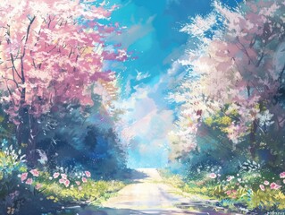 Tranquil Cityscape Amidst Blossoming Trees Under a Painted Sky.