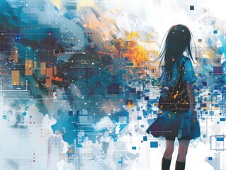 Silhouette of girl amidst vibrant abstract colors.