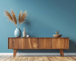 Modern interior design of a living room with a wooden cabinet and side table on a blue wall background