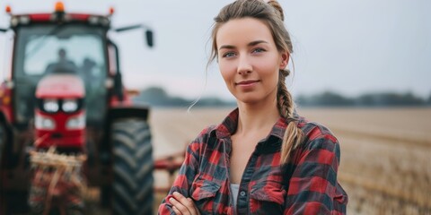 A woman farmer in her field next to agricultural machinery while harvesting grain crops. Generative AI