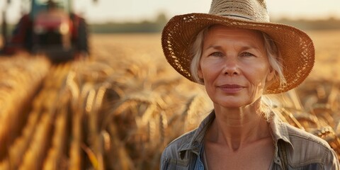 A woman farmer in her field next to agricultural machinery while harvesting grain crops. Generative AI