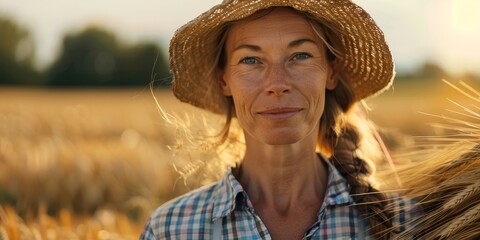 A woman farmer in her field next to agricultural machinery while harvesting grain crops. Generative AI