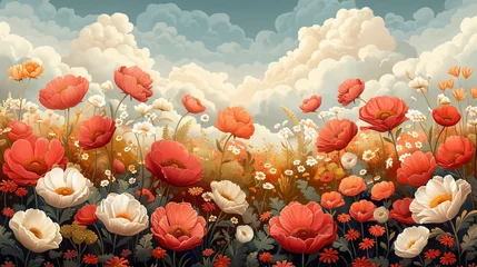 Wandcirkels tuinposter Surreal landscape of vibrant flower field under a cloudy sky at sunset © Yusif