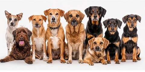 Panorama of many cute breed dogs in white background