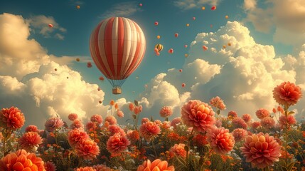 Whimsical hot air balloon festival above vibrant floral landscape - obrazy, fototapety, plakaty