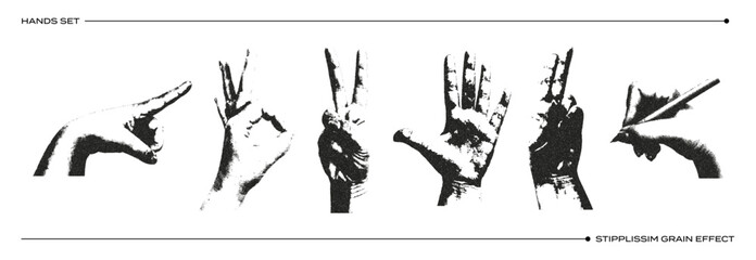 Hand set with retro photocopy effect. Y2K-style design elements. The texture of the grain. Vector illustration.