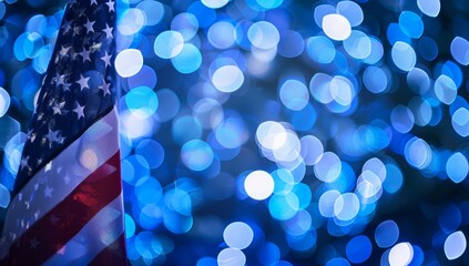 Close up of an American flag with a blurred background of blue lights, providing a background for a holiday or political event Generative AI - obrazy, fototapety, plakaty
